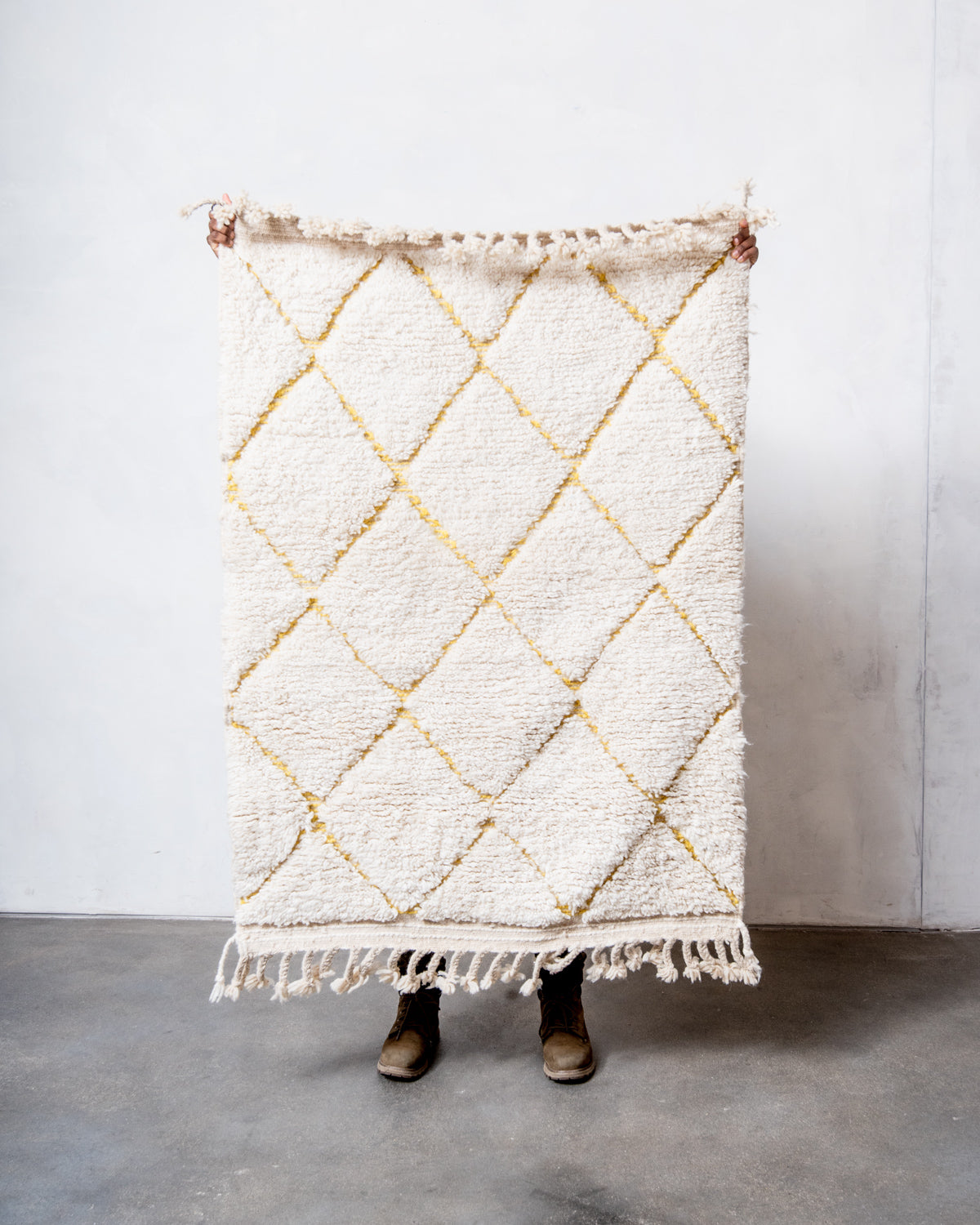Modern, designer, handcrafted Berber rug from Morocco. Beniourain carpet with beautiful colours and patterns and fluffy wool texture.